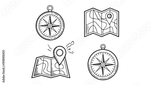 Outline sketch collection of classic navigation tools, including compasses and detailed maps with location markers