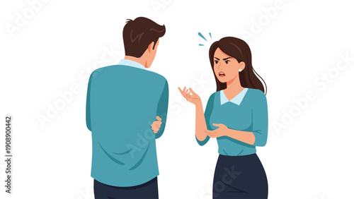 Woman arguing with a man in a blue shirt and dark pants