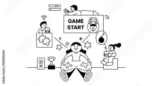 Gaming console vector illustration of kids playing video games together online