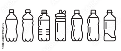 Plastic Drink Bottles Collection. Outline Icons for Water, Soda, and Sports Beverages, Vector Set.