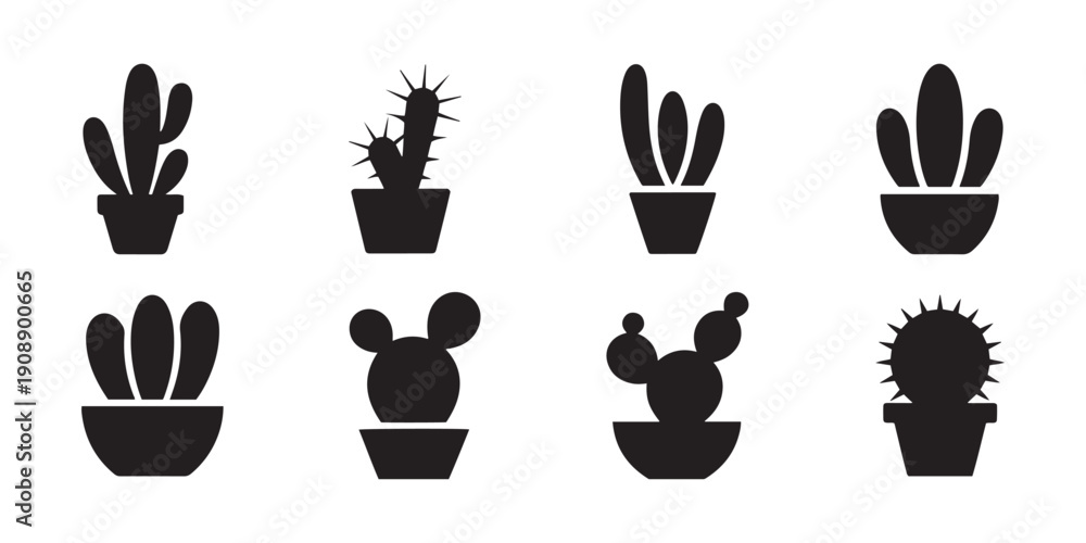 Fototapeta premium Cactus Plants Silhouette in Pots Icon Collection, Minimalist Desert Flora Vector Graphics, Various Succulent Shapes.