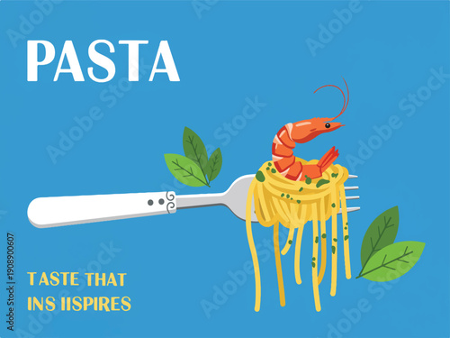 Spaghetti with shrimp and herbs on a fork  seafood pasta dish