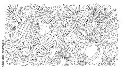 A delightful black and white line art illustration featuring an assortment of tropical fruits and decorative elements