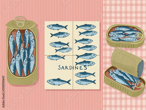 Sardines in cans and on packaging  seafood illustration with blue fish in tins