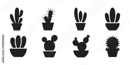 Cactus Plants Silhouette in Pots Icon Collection, Minimalist Desert Flora Vector Graphics, Various Succulent Shapes.