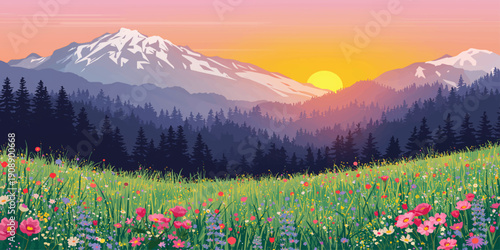 Scenic sunset over a spring mountain landscape featuring a blooming flower meadow and green alpine peaks under a cloudy sky at dusk