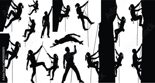Rock climbing silhouettes illustration set, climbers rappelling and ascending ropes, extreme sport action poses, outdoor adventure activity, isolated white background