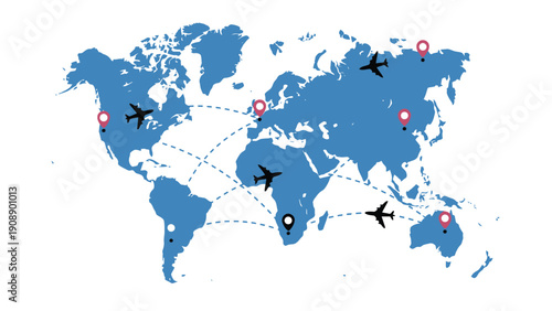 World map with airplanes and travel routes illustration