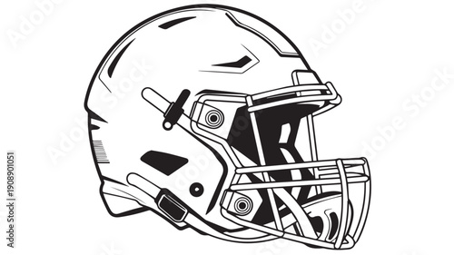 Monochromatic vector illustration showcasing a contemporary football helmet design, highlighting essential protective sports equipment