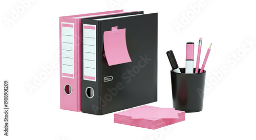 Office supplies: binders, sticky notes, and writing utensils