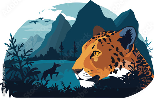 Stylized illustration captures a majestic jaguar observing the wild landscape with mountains and forest inhabitants below its gaze