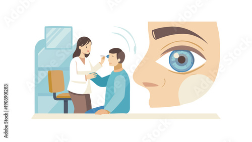 Professional optometrist or optician carefully placing a blue contact lens into a male patient's eye during an examination or fitting session