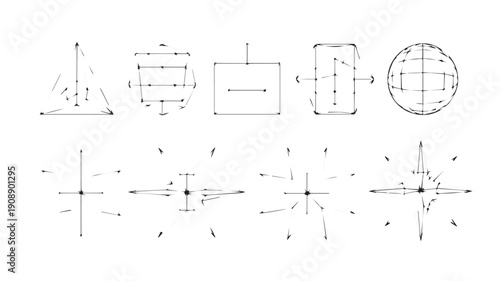 Technical Line Art Illustrating Fundamental Geometric Forms, Dimensions, and Vectorial Forces