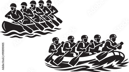 Whitewater Rafting Team Paddling River Adventure Silhouette Vector