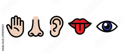 Five Senses Icons: Hand, Nose, Ear, Mouth with Tongue, Eye Representing Touch, Smell, Hearing, Taste, Sight on White Background.
