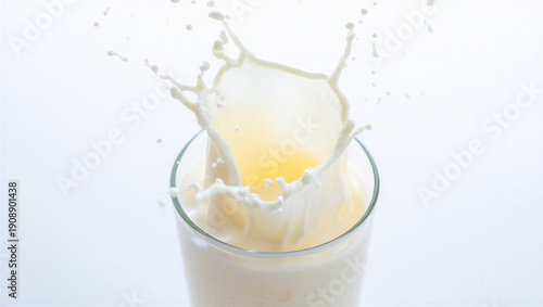 Foto Milk splash erupting from a glass, dynamic motion, white background, food photog