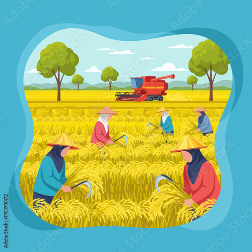 Farmers Harvesting Rice in Golden Field.