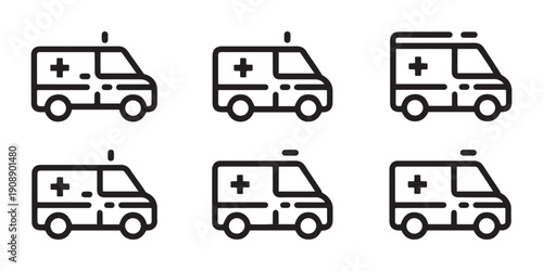 Ambulances line art icons Set. medical transport vehicles with red cross symbol, isolated on white.