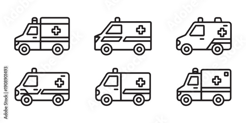 Set of Ambulance Icons with Medical Cross, Vector Line Art, Emergency Vehicle Collection for Healthcare and Medical Services.