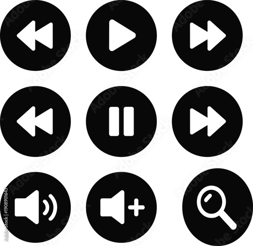 Vector illustration of multimedia player icon collection—symbols for audio control, video playback, volume adjustment, search tool, digital interface, and entertainment representation