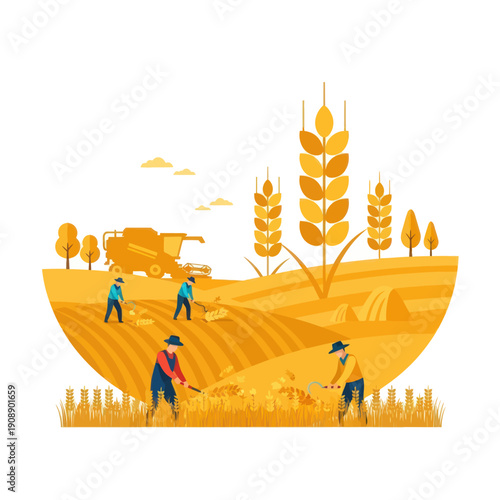 Farmers Working in Wheat Field Illustration.