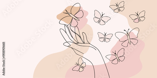 Delicate line art illustration of a hand releasing butterflies into air