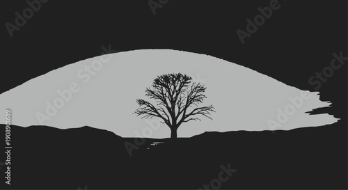 Bare Tree Silhouette against Gray Sky on Black Background