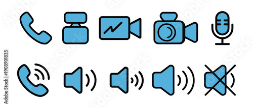 Communication and Media Icons. Phone, Video Camera, Microphone, Speaker Volume, Mute Symbol.