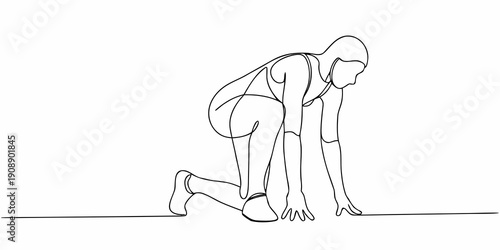 Continuous line drawing of a runner in starting blocks position