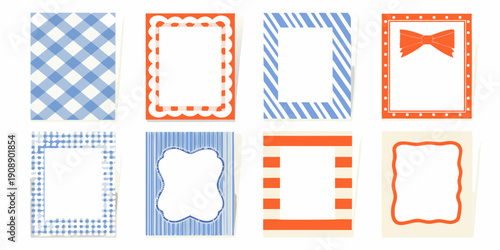 Eight patterned paper backgrounds with blue and orange designs