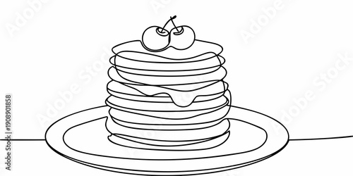 A stack of pancakes with cherries on top drawn in a single line