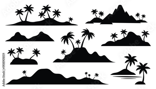 Island silhouettes collection, tropical palm trees, shorelines and small islets, travel and holiday destination graphics, exotic nature landscape symbols, minimal flat style vector design.