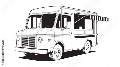 Classic Food Truck Line Art Illustration, Black and White Hand-Drawn Mobile Business Design