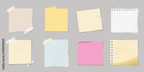 Collection of colorful sticky notes and paper sheets with tape