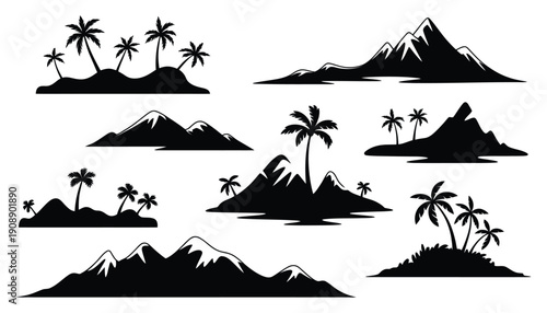 Island silhouettes set, tropical beach and palm tree shapes collection, ocean landscape elements, summer vacation paradise symbols, coastal nature scenes, simple black vector illustration isolated.