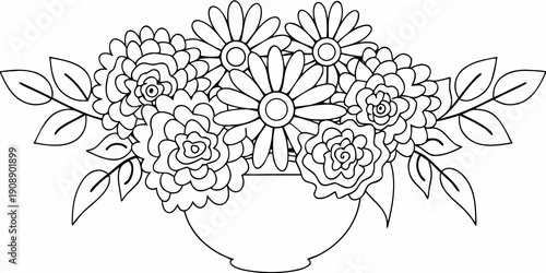 A detailed black and white illustration of flowers in a vase