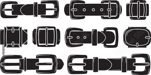 Collection of various black belt buckles and straps designs