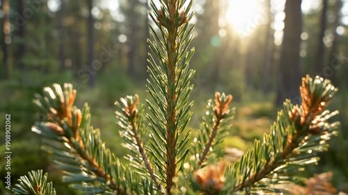 Green pine sapling in sunlit forest with dewdrops