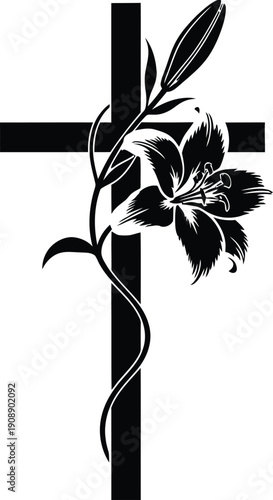 Black Cross with Orchid Flower Tattoo Design
