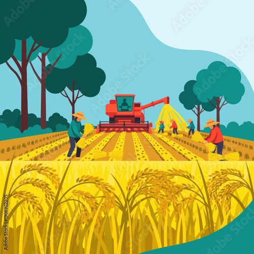 Farmers Harvesting Crops with Machinery.