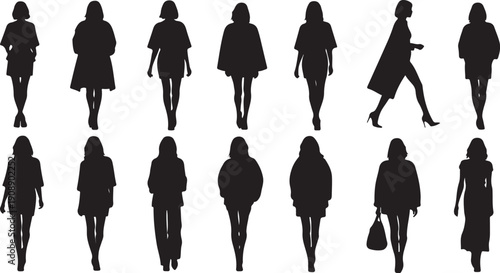Silhouettes of women in various poses and outfits walking