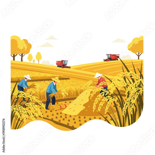 Farmers Harvesting Rice in Golden Field.