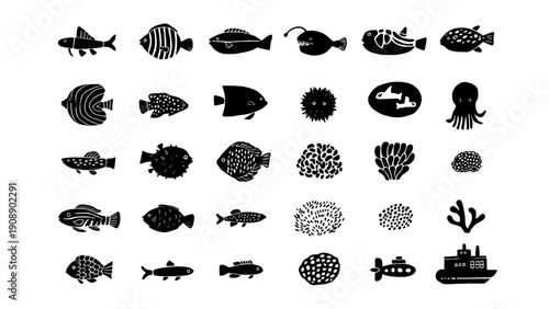 A collection of sea creature silhouettes including fish and marine organisms for ocean and aquatic themes.
