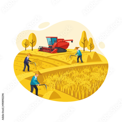 Farmers Harvesting Crops with Machinery.