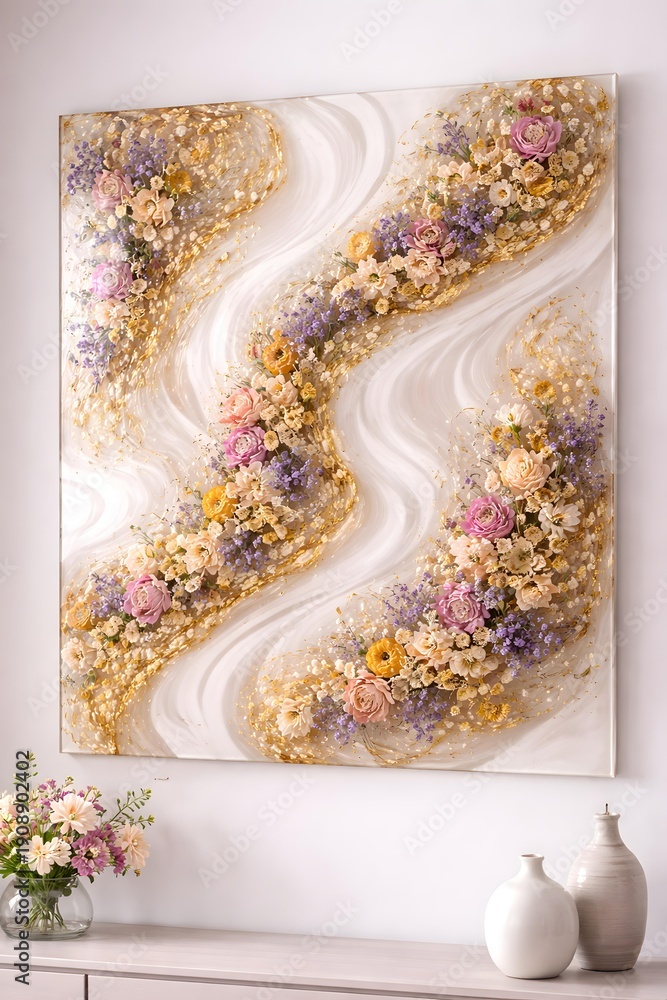 Obraz premium Abstract floral artwork displaying intricate textures, soft color palette, and elegant design featuring roses, peonies, and summer blossoms in a modern interior setting
