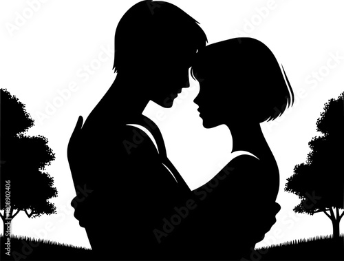 Romantic couple silhouette embracing in a park: Design for Valentine's Day cards, wedding invitations, or romantic social media posts. Transparent background EPS version.