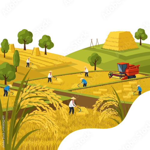 Farmers Harvesting Crops with Machinery.