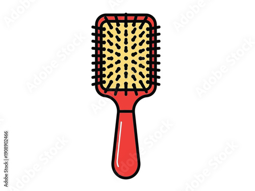 A bright red paddle hairbrush with yellow bristles.