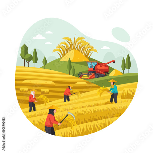 Farmers Working in Wheat Field Harvest.