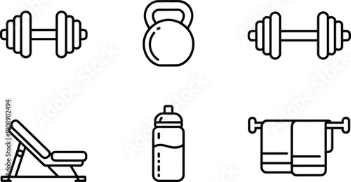 Vector illustration of fitness icon collection—symbols for gym equipment, workout training, exercise tools, healthy lifestyle, physical activity, and sports representation